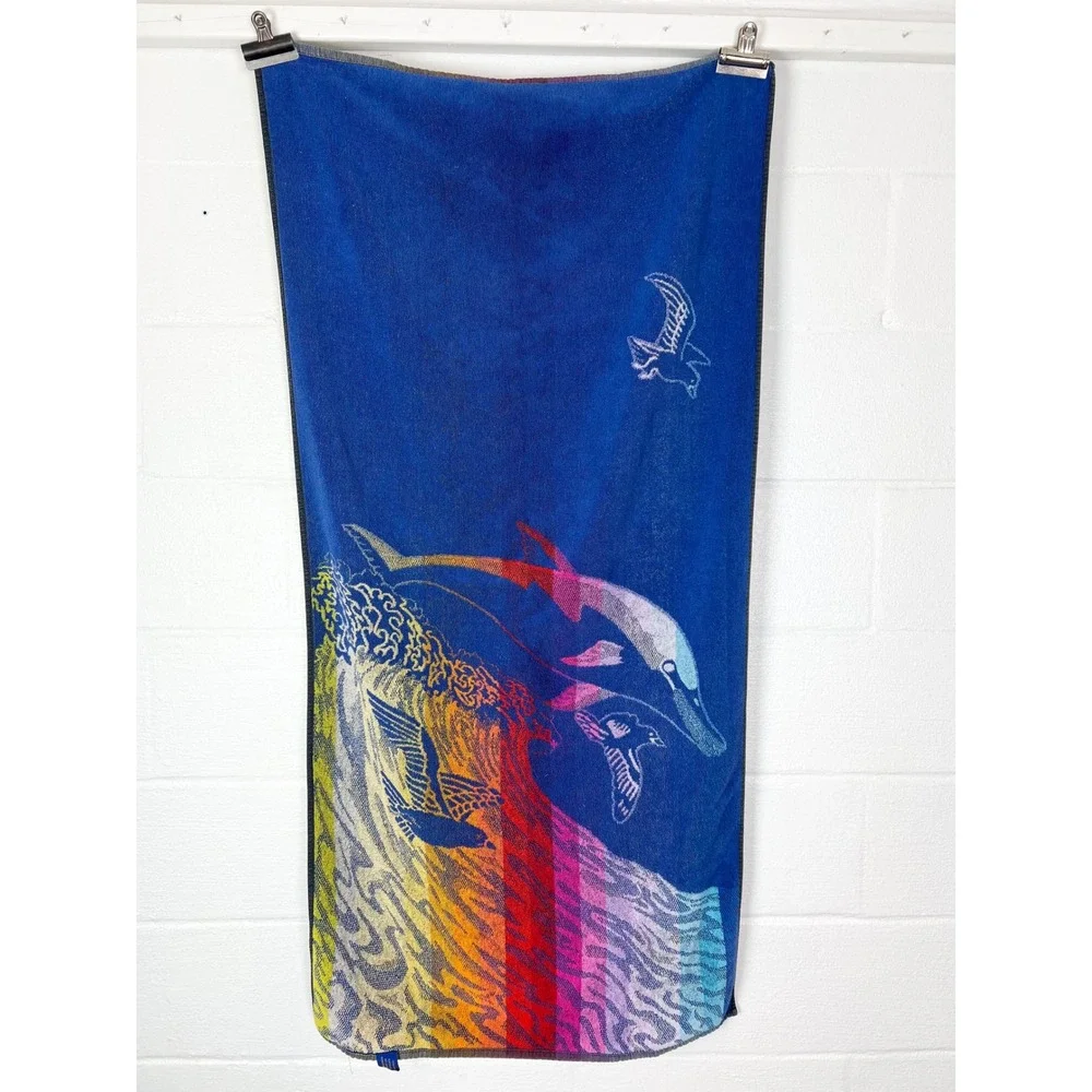 Vintage Brasilia Rainbow Dolphin Beach Towel Cotton Made in Brazil Ocean Waves